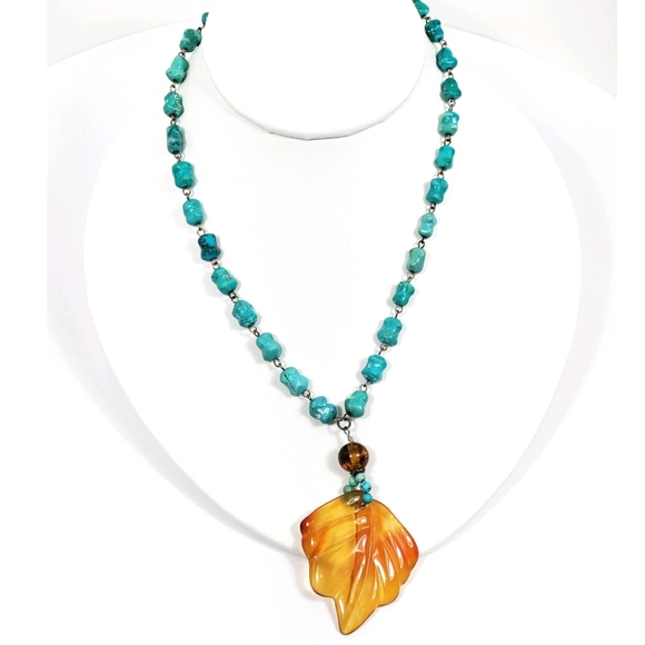 Vintage Jewelry - Vintage, turquoise, quartz, Amber Silver Necklace